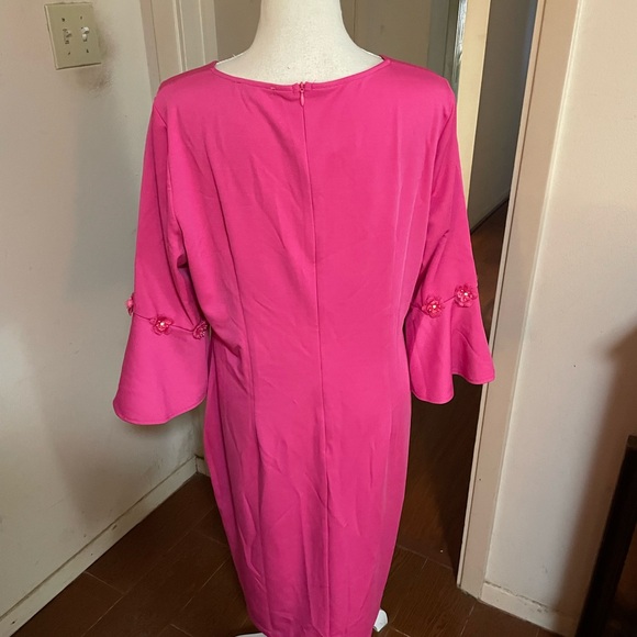 Misslook Pink Midi Dress Size knit spandex bell floral beaded sleeves size 14 - Picture 6 of 16